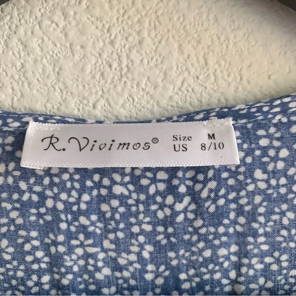 R. Vivimos Blue Floral Midi Wrap Dress Short Sleeve Ruffle - Picture 2 of 4